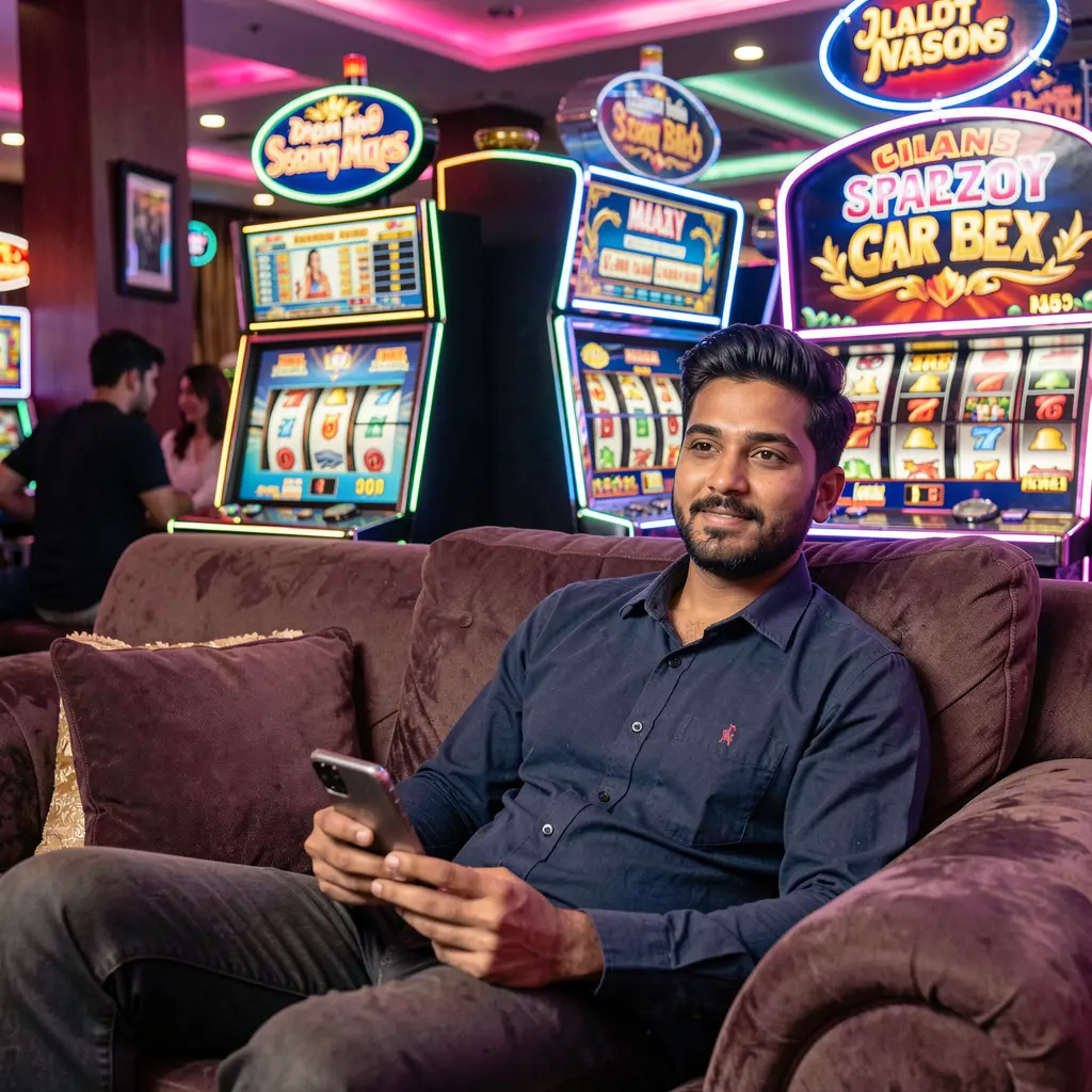 Relaxed Bangladeshi player using the GV88 casino app on his phone while lounging in front of glowing slot machines in a modern casino setting
