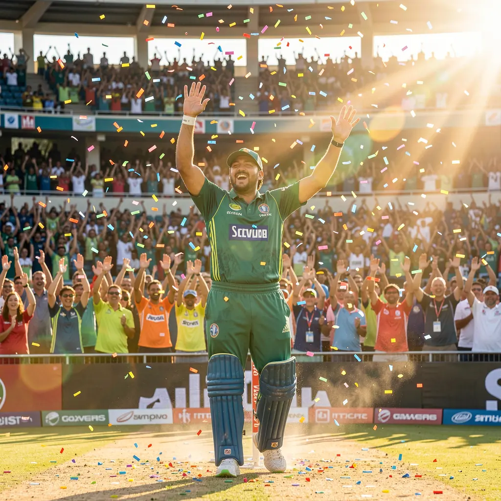 Cricket player celebrating a key moment on the field with raised arms and cheering fans symbolizing winning bets on GV88 in Bangladesh