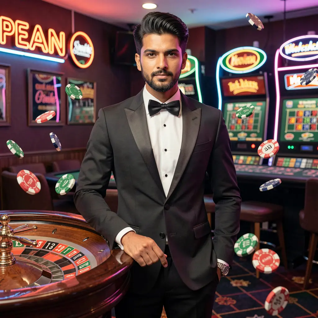 Stylish casino dealer in a tuxedo surrounded by glowing chips and roulette lights representing the premium GV88 casino platform for players in Bangladesh