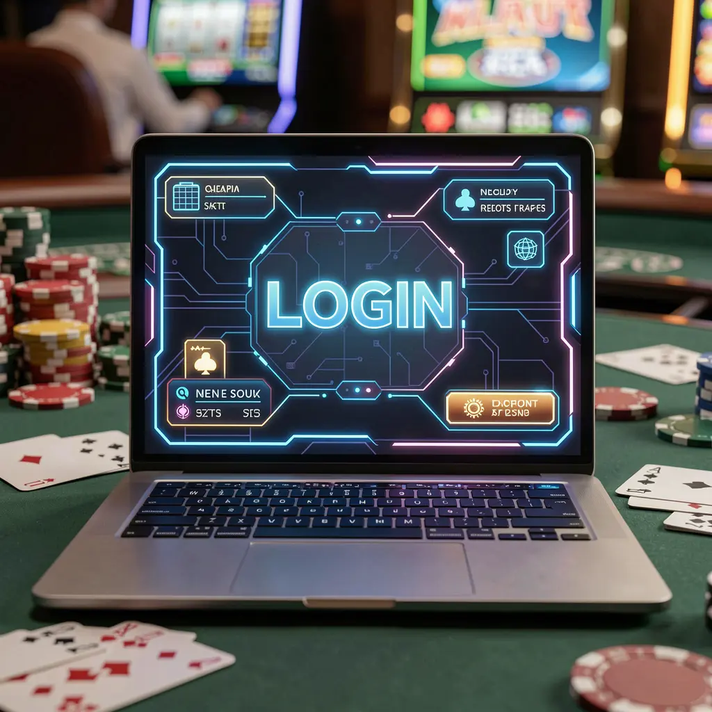 Close up of a laptop with a glowing login interface and blurred casino chips in the background representing secure access to GV88 in Bangladesh